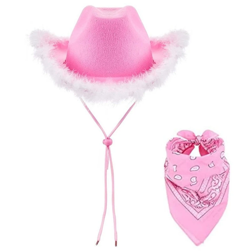 Cowboy Costume Set Western Wide Brims Cowgirl Hat Print Scarf Bandanas Adult NightClub Party Roleplay Headwear 2PCS