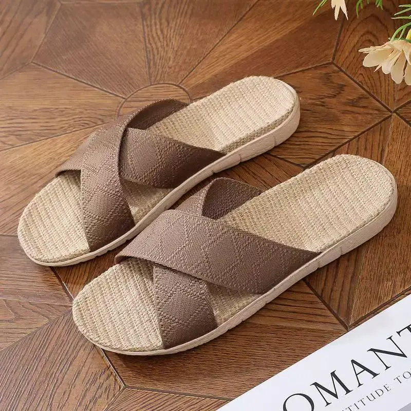 

Men's Summer New One Word Home Linen Slipper Lightweight Soft sole Non Slip Sweat Absorbing Lovers Floor Slippers Silent Slipper