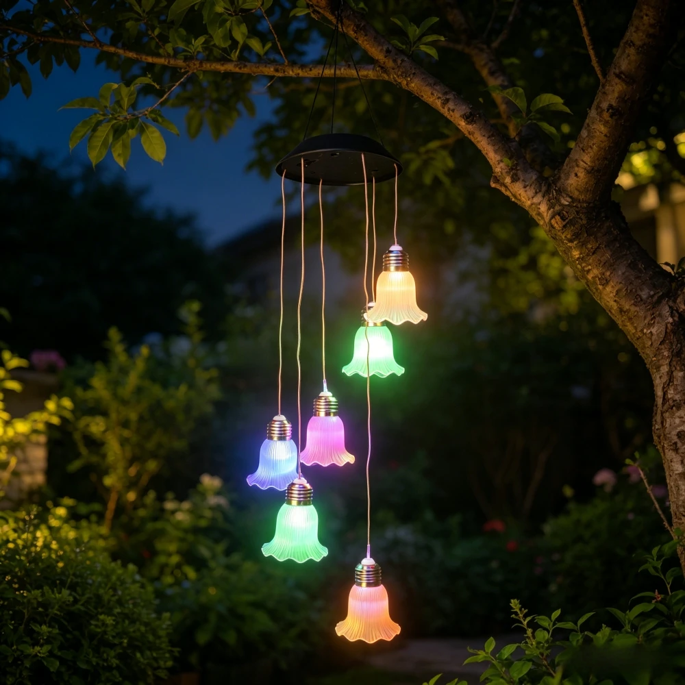 1PC Colourful Solar Morning Glory Wind Chime Hanging Light Ballet Skirt Outdoor Decorative Lamp for Garden Patio Porch Backyard