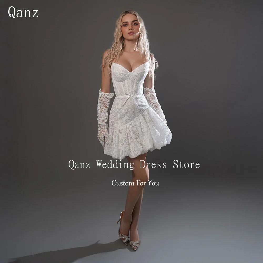 

Свадебное платье Qanz White Chic с кружевными аппликациями, мини-платье А-силуэта с вырезом «сердечко», вечернее платье для женщин, короткое свадебное платье без спинки, на заказ