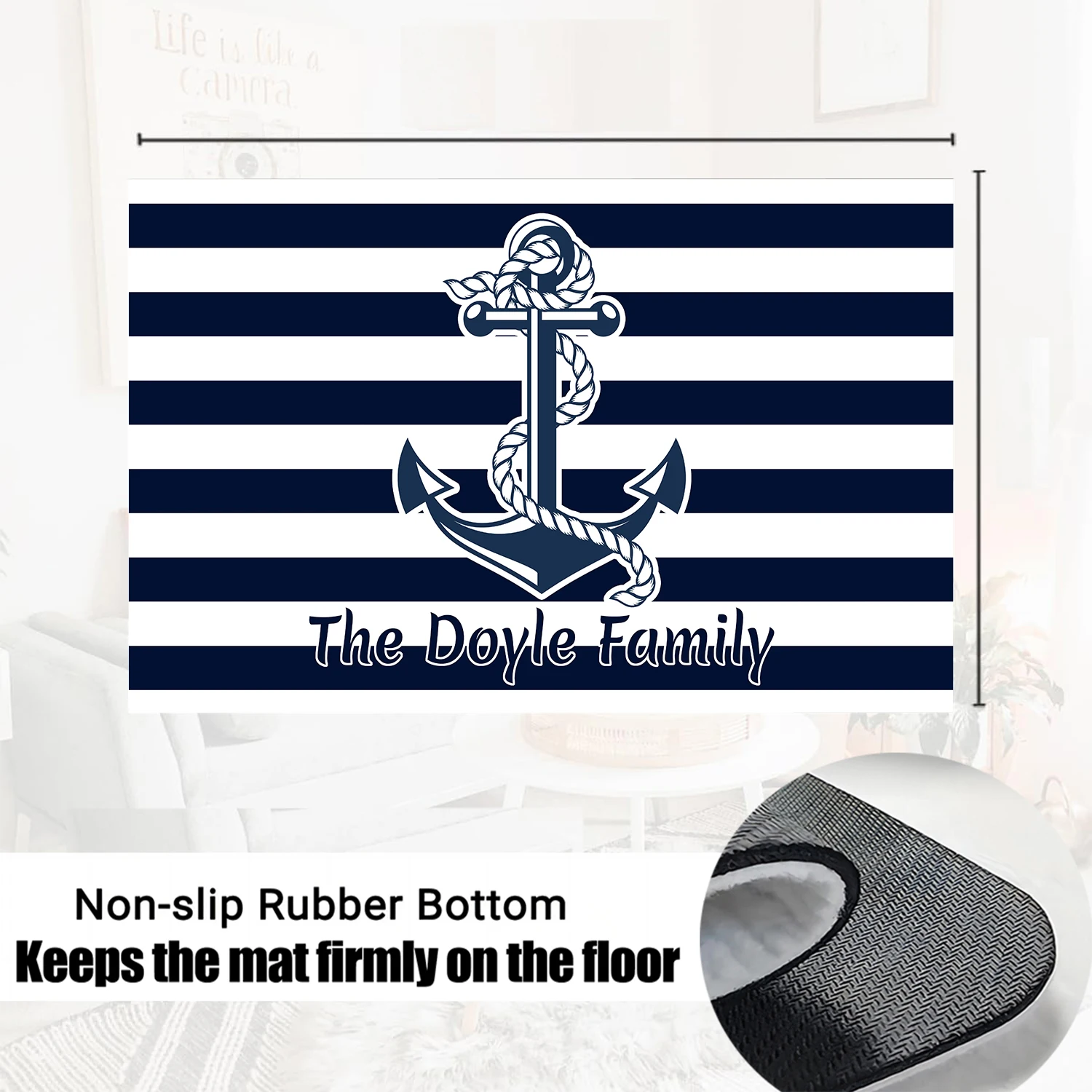 Zerbino nautico con ancoraggio vintage Strisce retrò Nome della famiglia personalizzato Zerbino anteriore Tappetino di benvenuto personalizzato Ingresso esterno interno