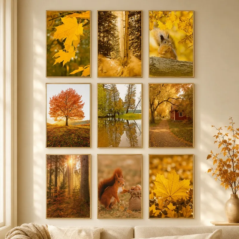 Golden Autumn Forest Canvas Gallery Wall Prints Squirrel Maple Tree Lake Fall Landscape Wall Art Farmhouse Home Decor Gift