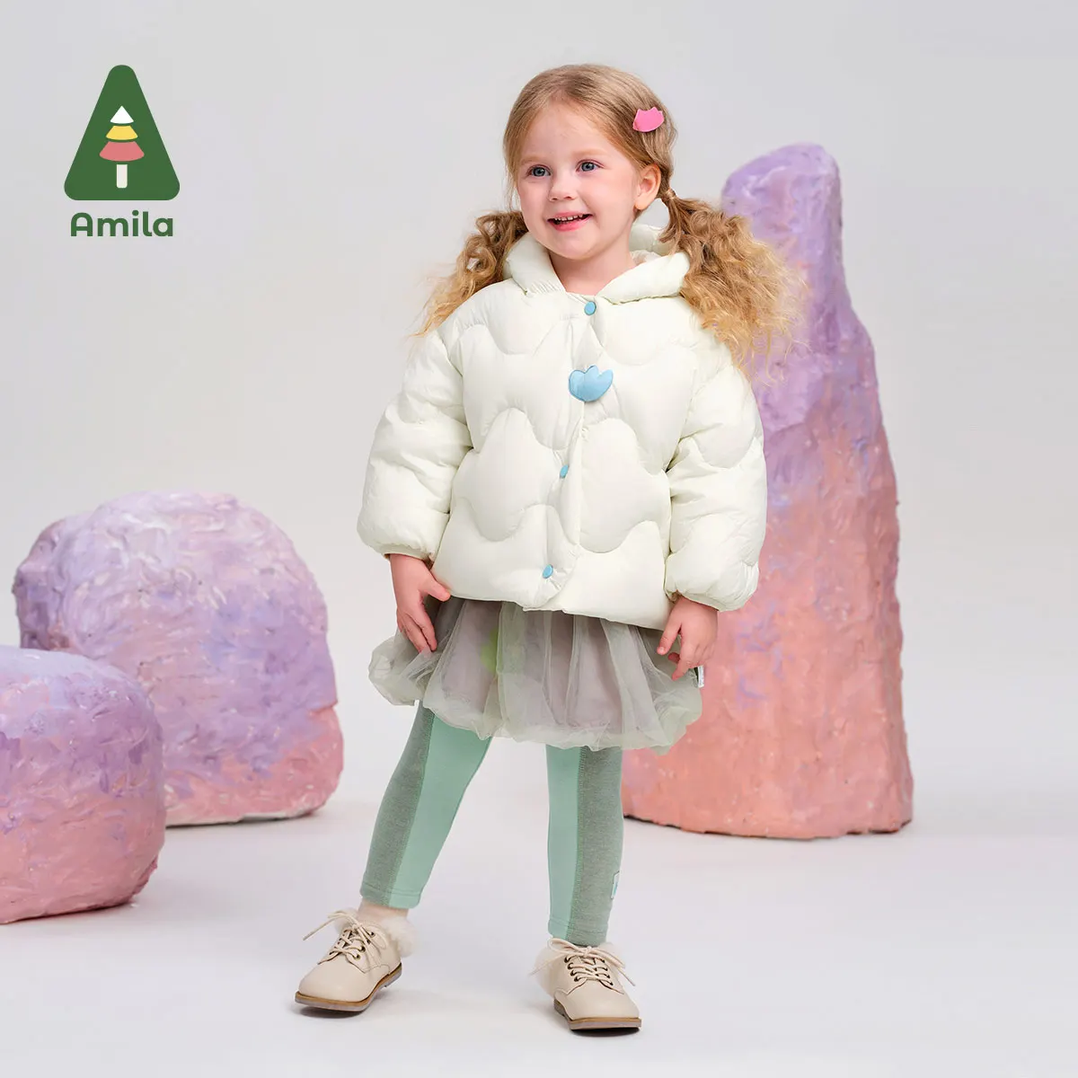 Amila Baby Down Jacket 2024 Winter New Girls White Duck Down Pure Color Sweet Warm Hooded Soft Casual Loose Children‘s Jacket