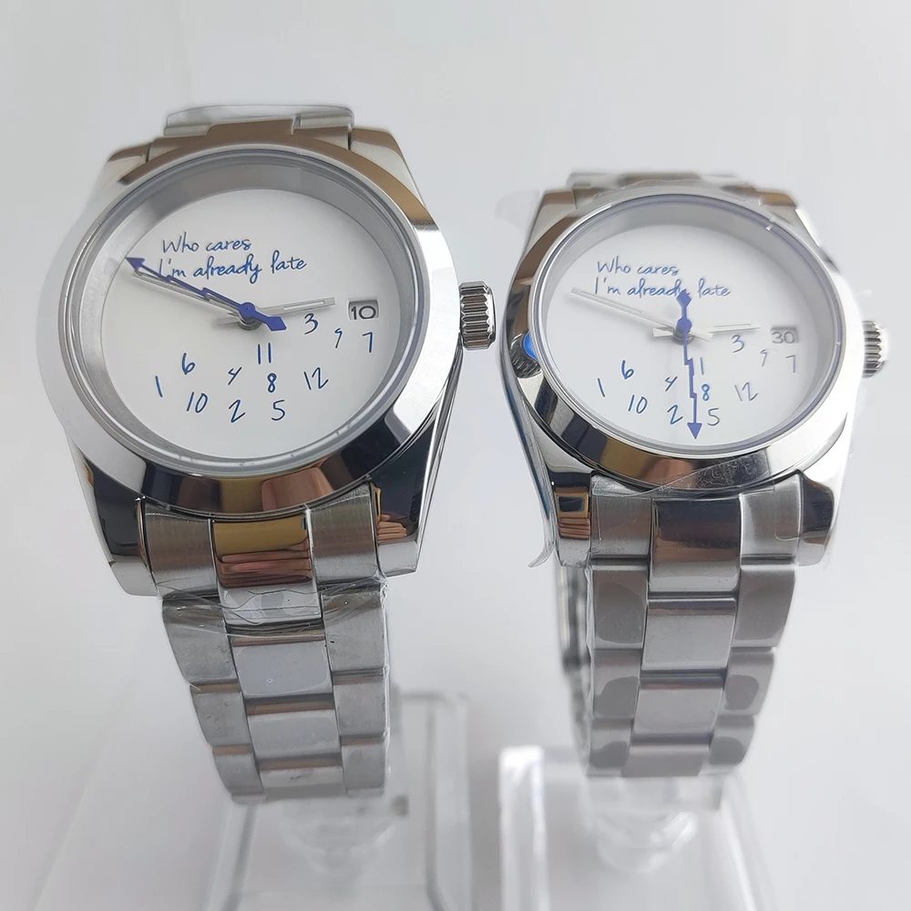 36mm/39mm NH35 Hot Watch Who cares I'm already late Watch No Logo Blue Text Dial Sapphire Crystal Glass NH35 Automatic Watch