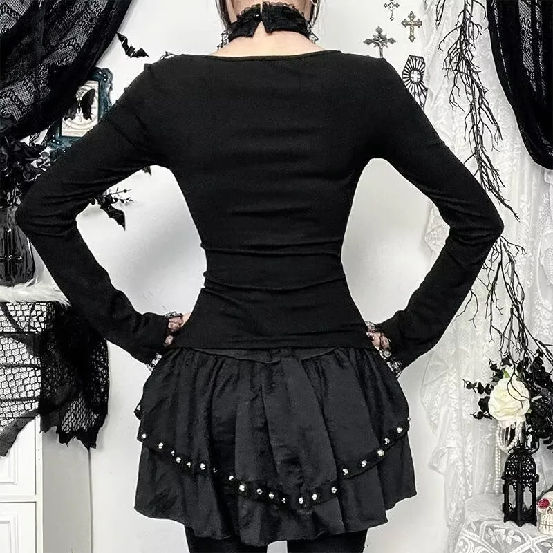 harajuku Goth Black Lace Trim Long Sleeve T-Shirts Vintage Sexy Lace-up Square Collar Tops with Choker Cross Women Autumn Tees