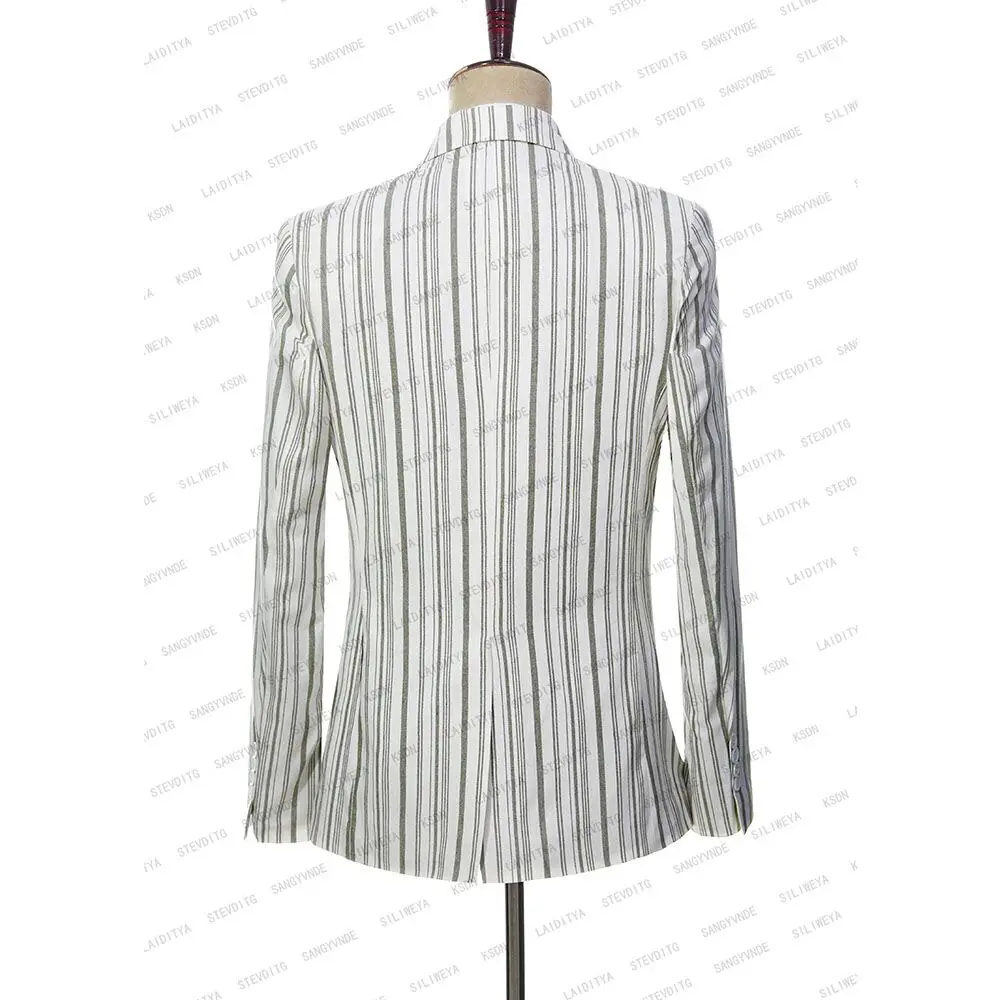 2023 New Men Business High End White  Linen Light Green Vertical Stripe Wedding Party Groom Suits 3 Pieces Set Jacket Pants Vest