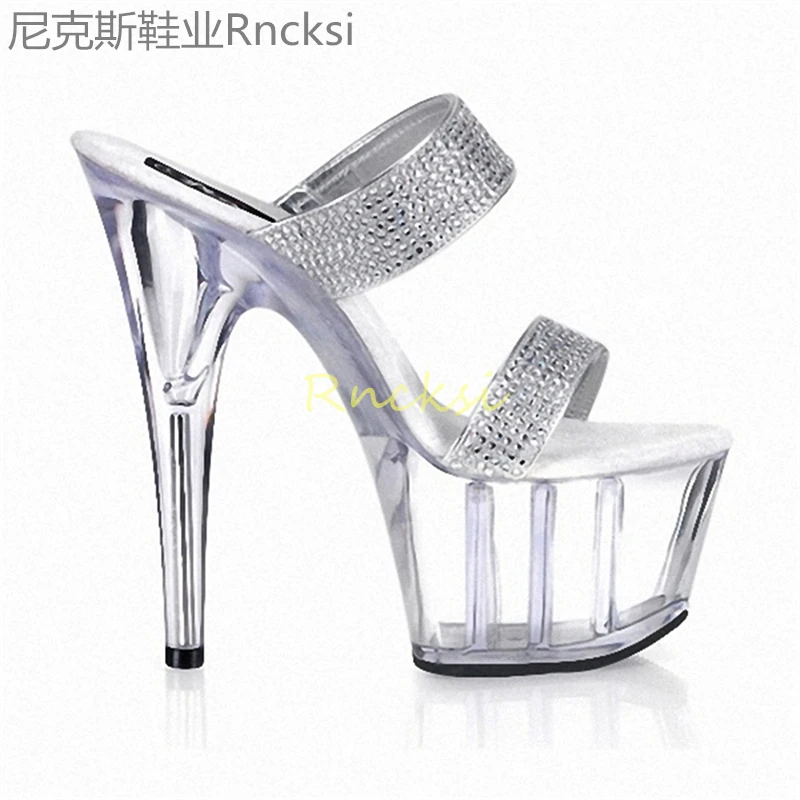 15cm New women's slippers, high heels, stiletto slippers with transparent diamond stiletto sandals, women's shoes, solid color