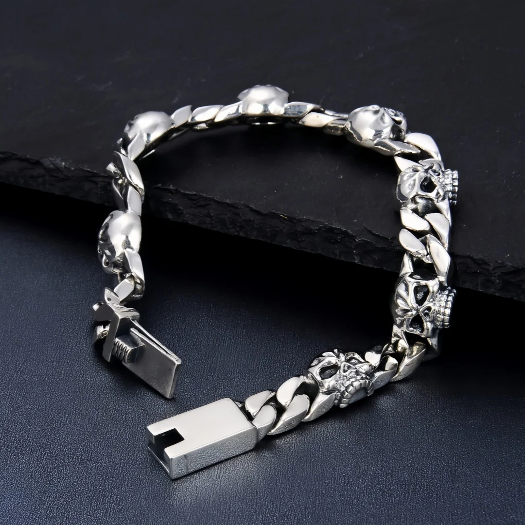 New S925 Sterling Silver Charms Bracelets for Men Antique Skull Cuban Link Chain Punk  Fashion Bangle Fine Choice Jewelry