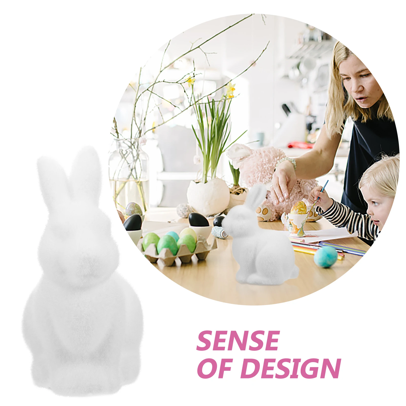 

Flocked Easter Bunny Decor 21cm White Rabbit Ornaments for Living Room Table Desk Miniature Figurines Small Adornment Gardening
