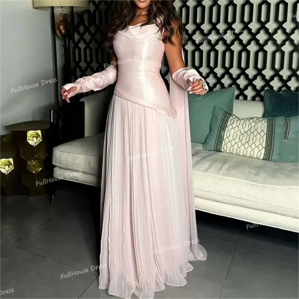 

Custom Made FullHouse Boat Collar Tiered Pleated A-line Floor Length Saudi Arab Gown Backless Draped Evening Dress with Court