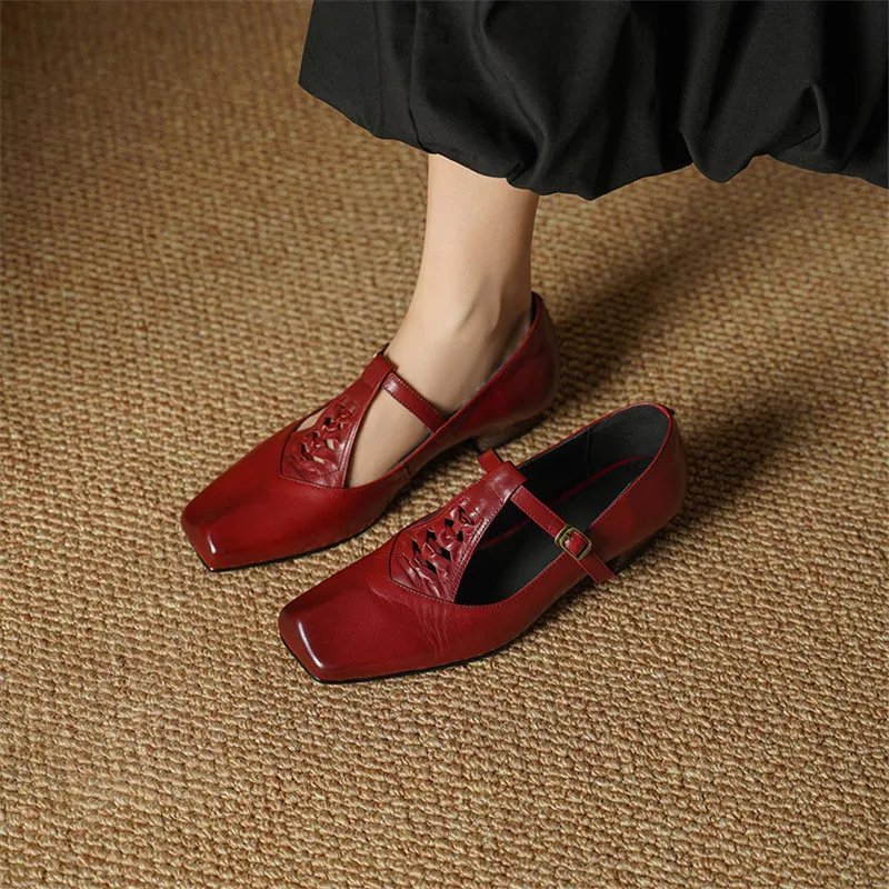 2027 Spring/Autumn Genuine Leather Women Shoes Fashion Retro Square Toe Mary Jane Shoes for Women Handmade Low Heels Women Pumps
