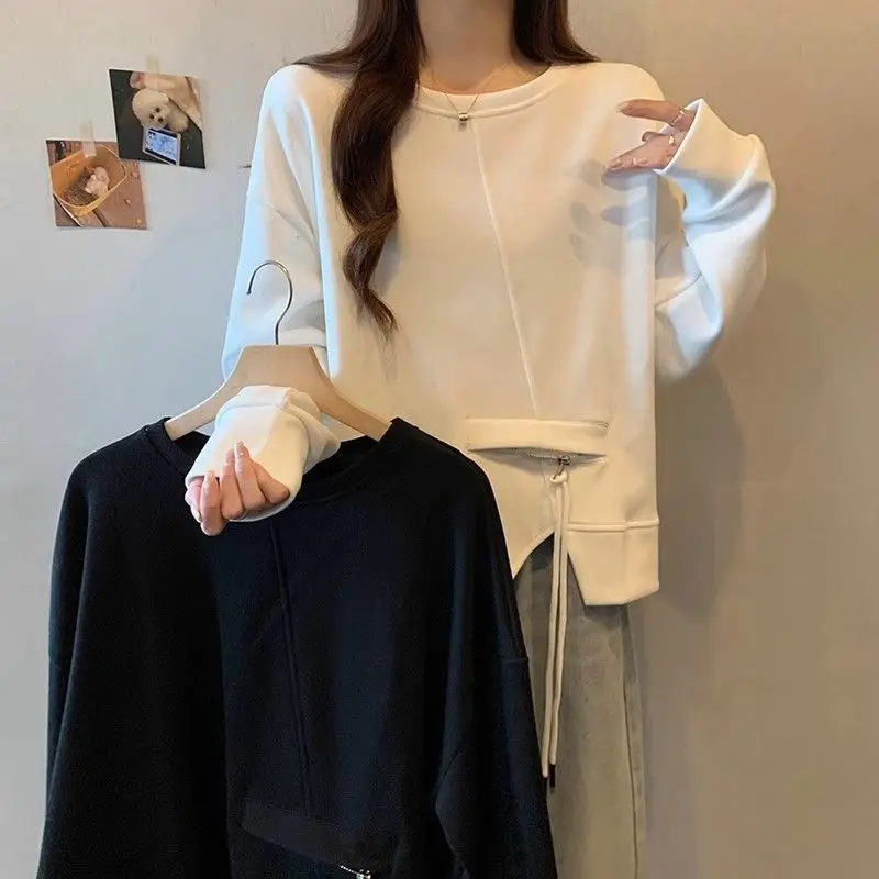 Women\'s Clothing Korean Irregular Pullovers Solid Color Basic Spring Autumn Chic Asymmetrical Spliced Casual Loose Sweatshirts