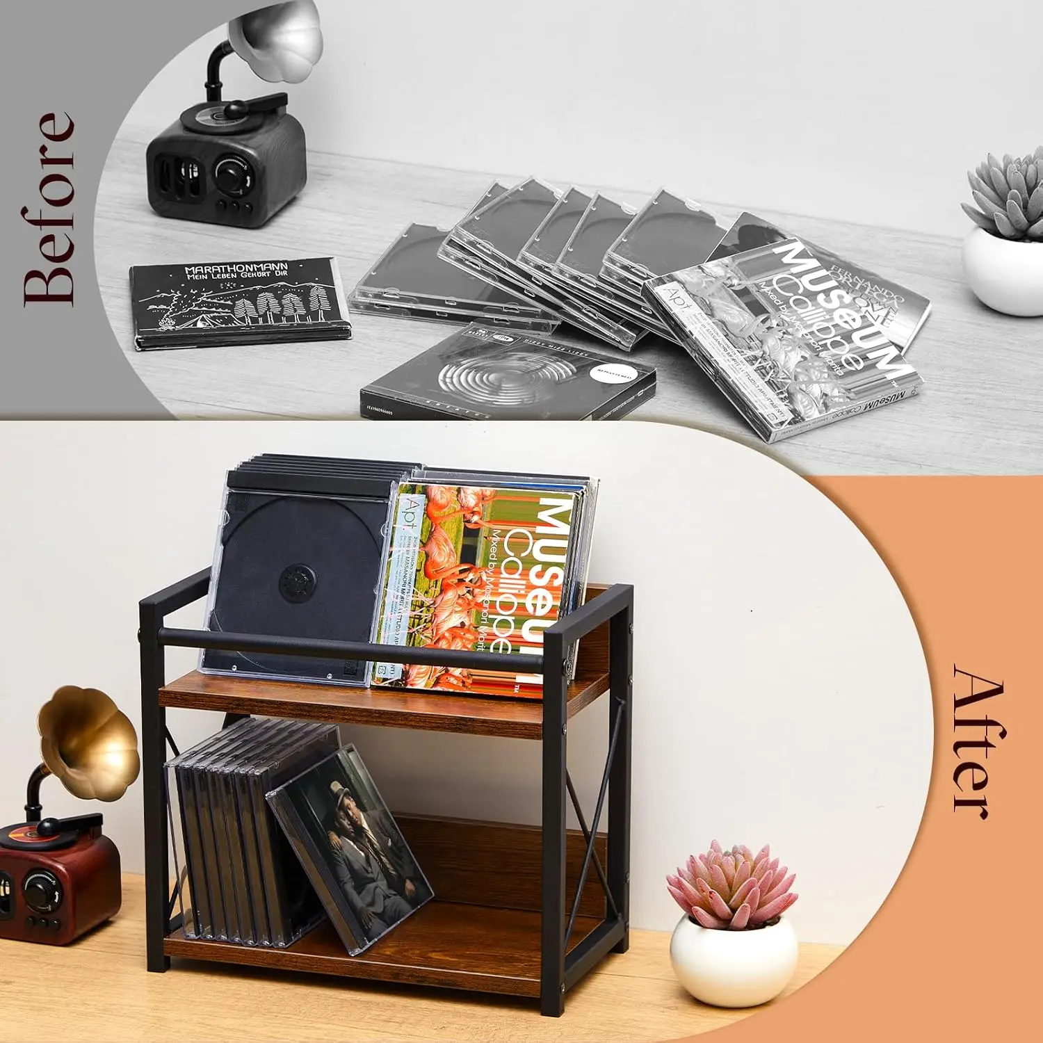 2-tier CD Storage Holder CD Storage Shelf for Display Countertop Wooden DVD Rack with Display Top Shelf Organizer for Home Offic