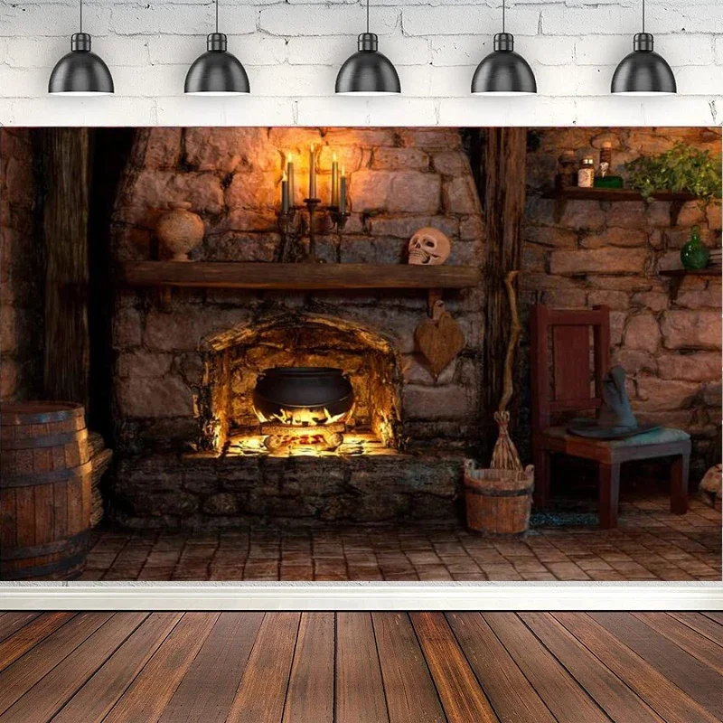 Halloween Spooky Witch Cottage Magic Room Fireplace Magical Books Candle Skulls party photo background photography backdrop