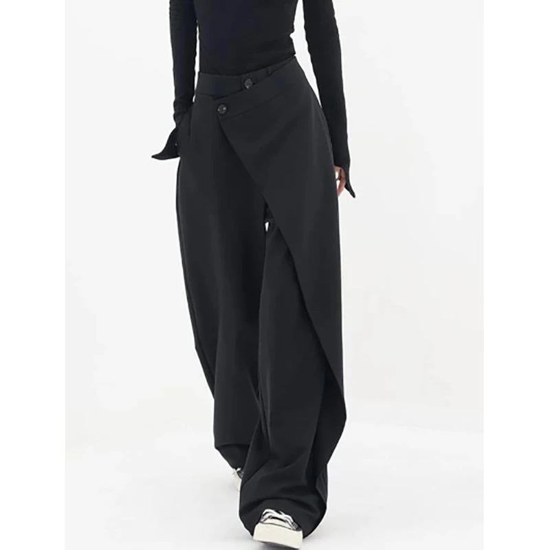 New Simple Commuter Suit Pants Women Summer Fashion Irregular Splicing Design Straight Wide Leg Pant Solid Colour Loose Trousers