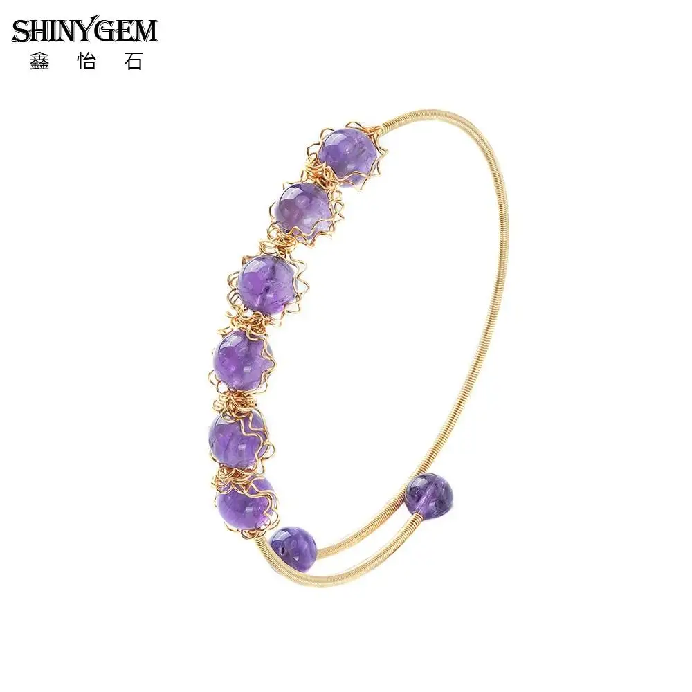 SHINYGEM Natural Amethyst Bracelet 14k Copper Gold Plated Hand Wound Adjustable Heal February 14 Gift News Accessories Luxury