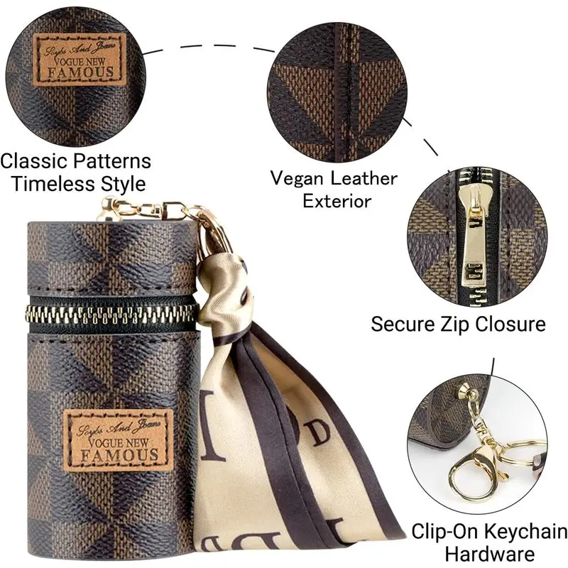 Women's Mini Lipstick Pouch Keychain PU Cylinder Coin Purse with Scarf Charm Zipper Case for Travel Daily Bag image 2