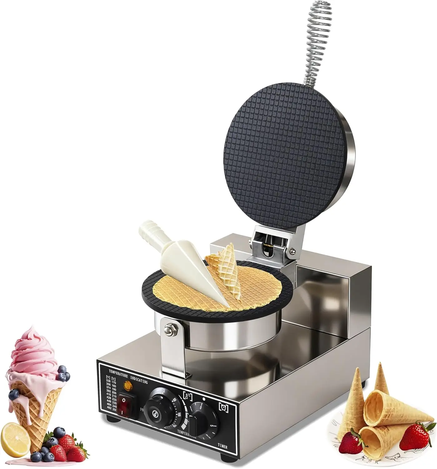 Máquina Comercial para Hacer Conos de Waffle, 110V, 1300W, Eléctrica, de Acero Inoxidable, con Control de Temperatura y Tiempo, para Restaurantes