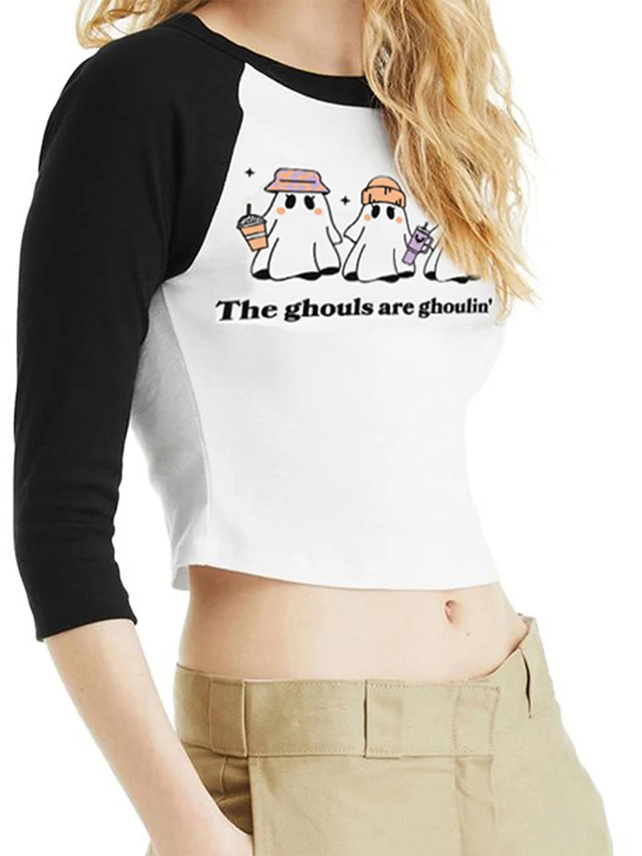 Women s Summer  Cropped Tops Ghost Letter Print Half Sleeve Round-Neck Show Navel T-Shirt