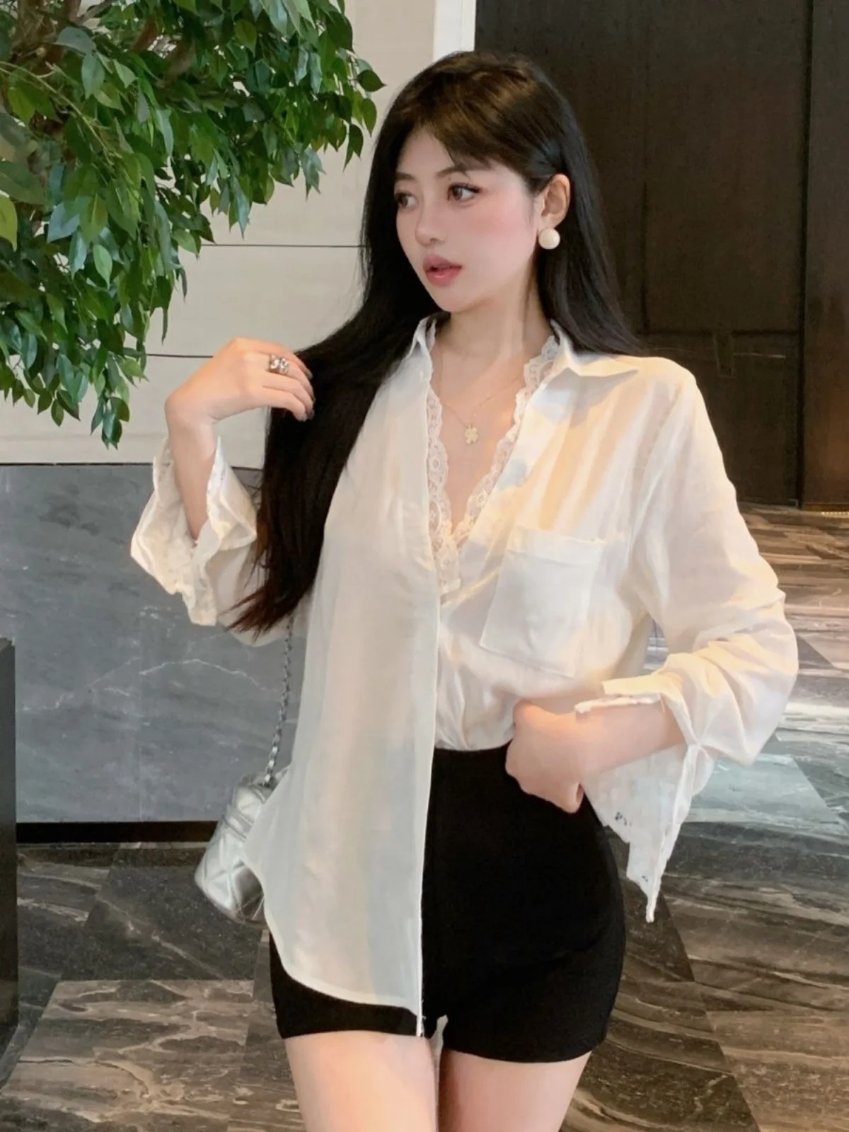 Tweedelig zonnebrandshirt voor dames in Koreaanse stijl met kanten versieringen - Sexy katoen-linnen gemengd herfstoutwear met lange mouwen