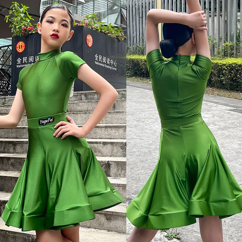 

Latin Dance Competition Dress High Collar Short Sleeve Tops Skirt Split Suit Girls Chacha Samba Performance Costume Summer DL808