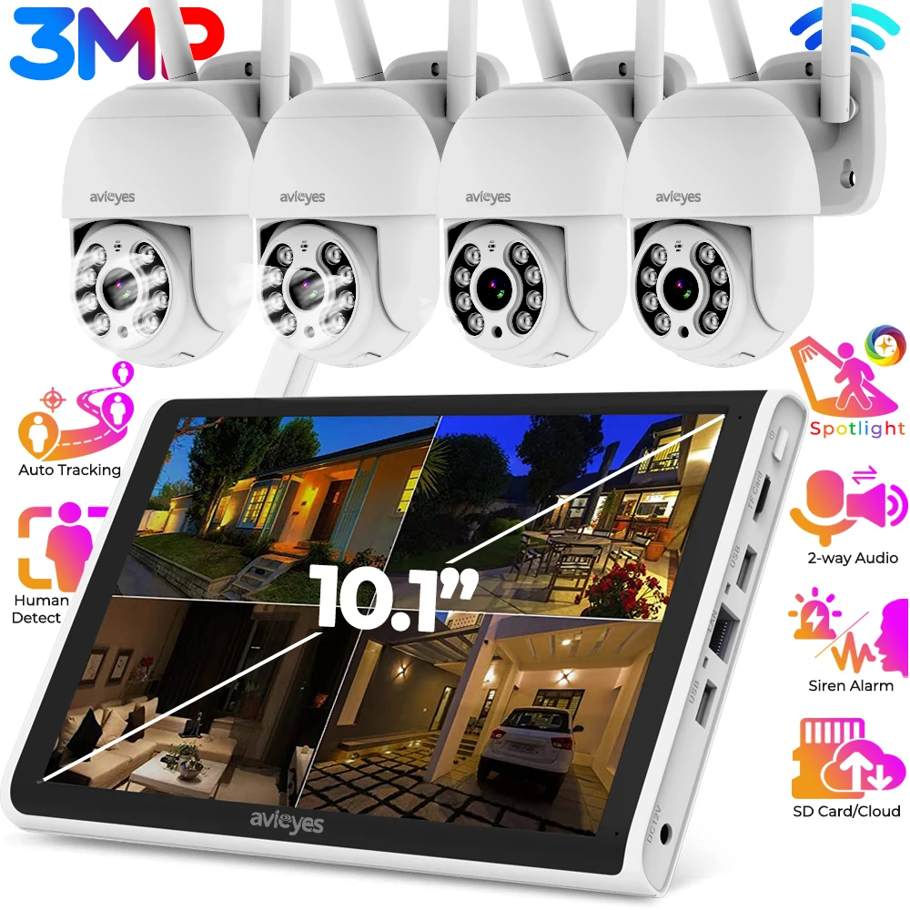 

3MP WiFi CCTV Kit with Monitor Wireless PTZ IP Camera Surveillance System NVR Set 2-way Audio Outdoor Home Security Camera Suit