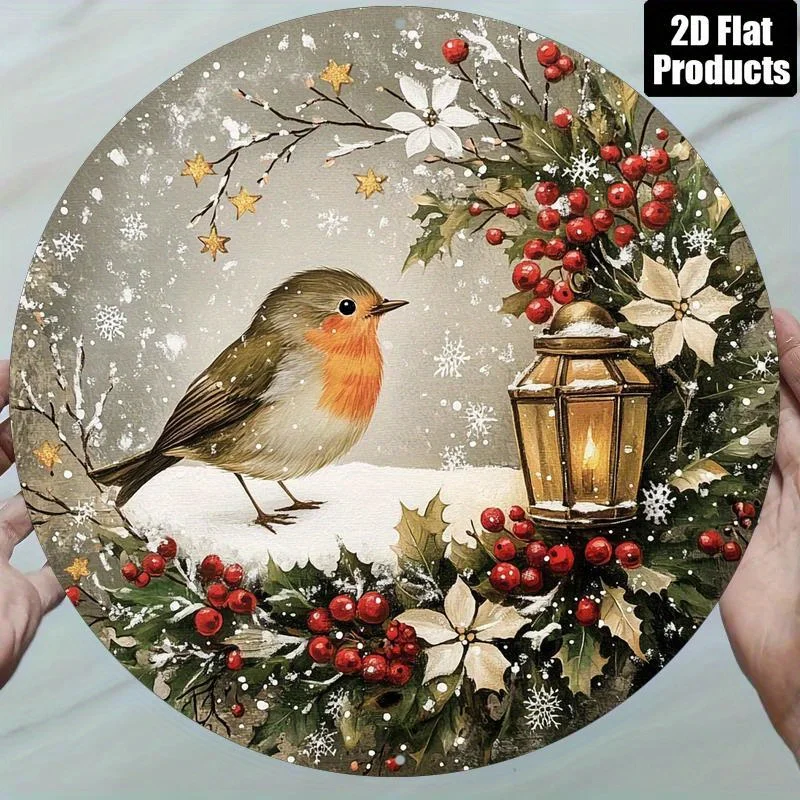 2D Flat, Vintage Winter Wall Hanging with Aluminum Suitable for Christmas Decoration - Snowy Scenery, Red Berries & Snowflakes -