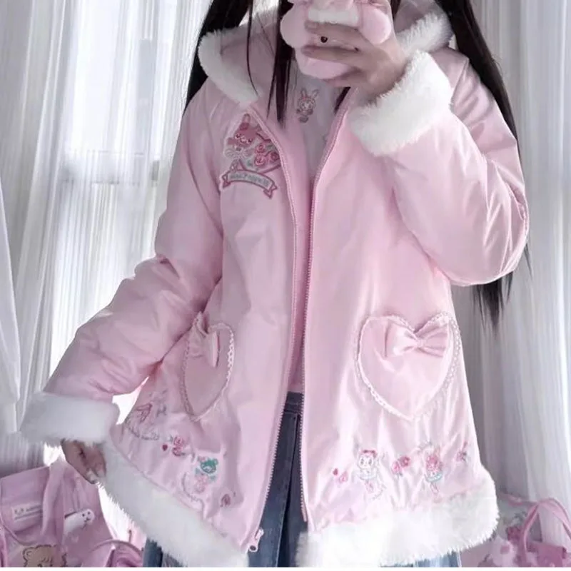 Kawaii Winter Cartoon Embroidery Fur Collar Hooded Cotton-padded Jacket Sweet Lolita Girl Bow Warm Cross-dressing COS Cute Coat