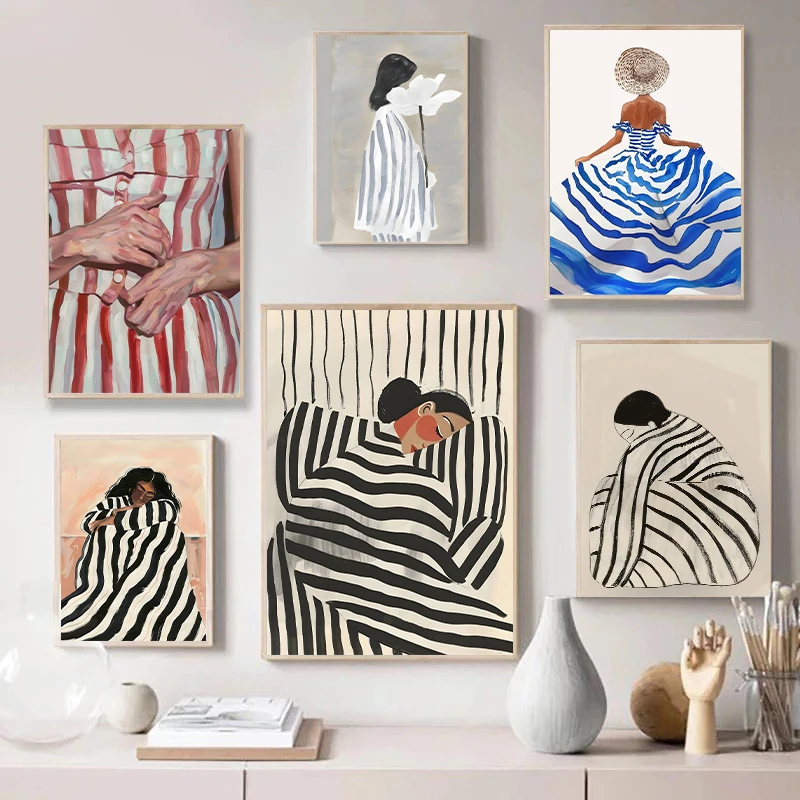 (2D Canvas Painting) Fashion Watercolor Abstract Stripe Woman Poster Sleeping Figure Color Canvas Painting Trendy Wall Art fo