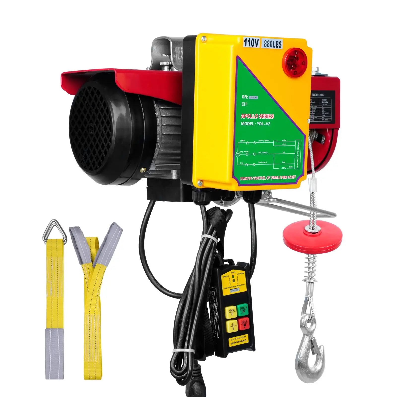 110V Wireless Electric Wire Rope Hoist 440 lbs Capacity 40ft Lift Height Steel Cable Winch with Remote Control Pure Copper Motor for garage Warehouse Factory