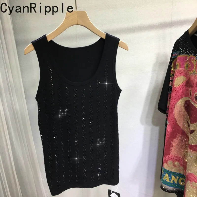 Trendy Black Vertical Drill Women Sleeveless T-shirt Large Size Spring Summer Slimming Basic Camisole Round Neck Cool Tanks Top