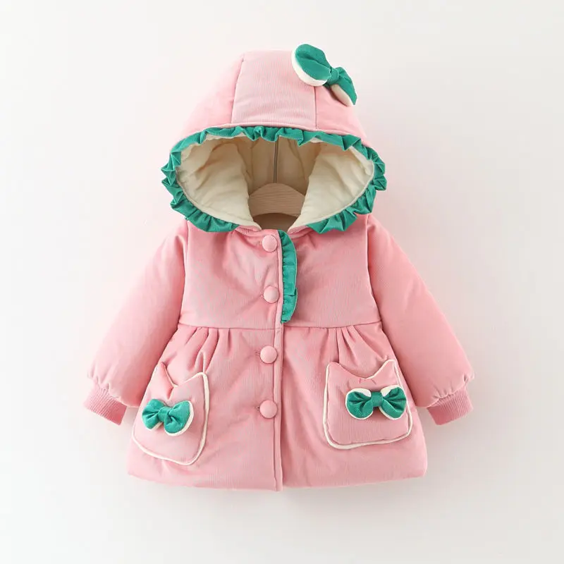 0 To 4 Y Kids Costume Baby Winter Coat Solid Color Bow Cotton Clothes Warm Windproof Hooded Toddler Children Jacket For Girls