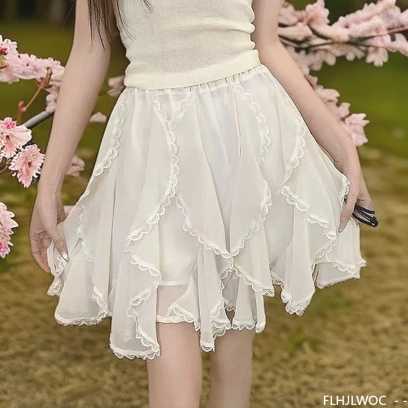 Romantic Ruffles Layer Skirts 2025 New Women Cute Sweet Lolita Girls Chic Korea High Waist Hollow Out Lace White Mini Skirts