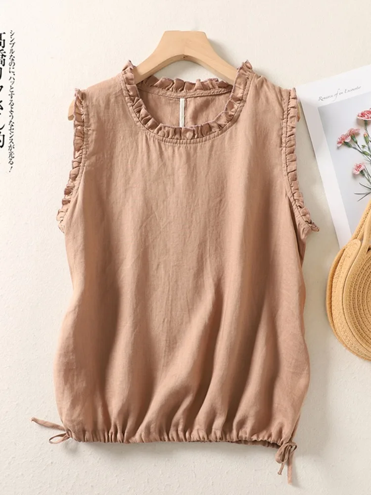 Gilet estivo in cotone e lino sottile da donna, top ampio con scanalatura, Dstring Bot, capispalla interno in legno vintage