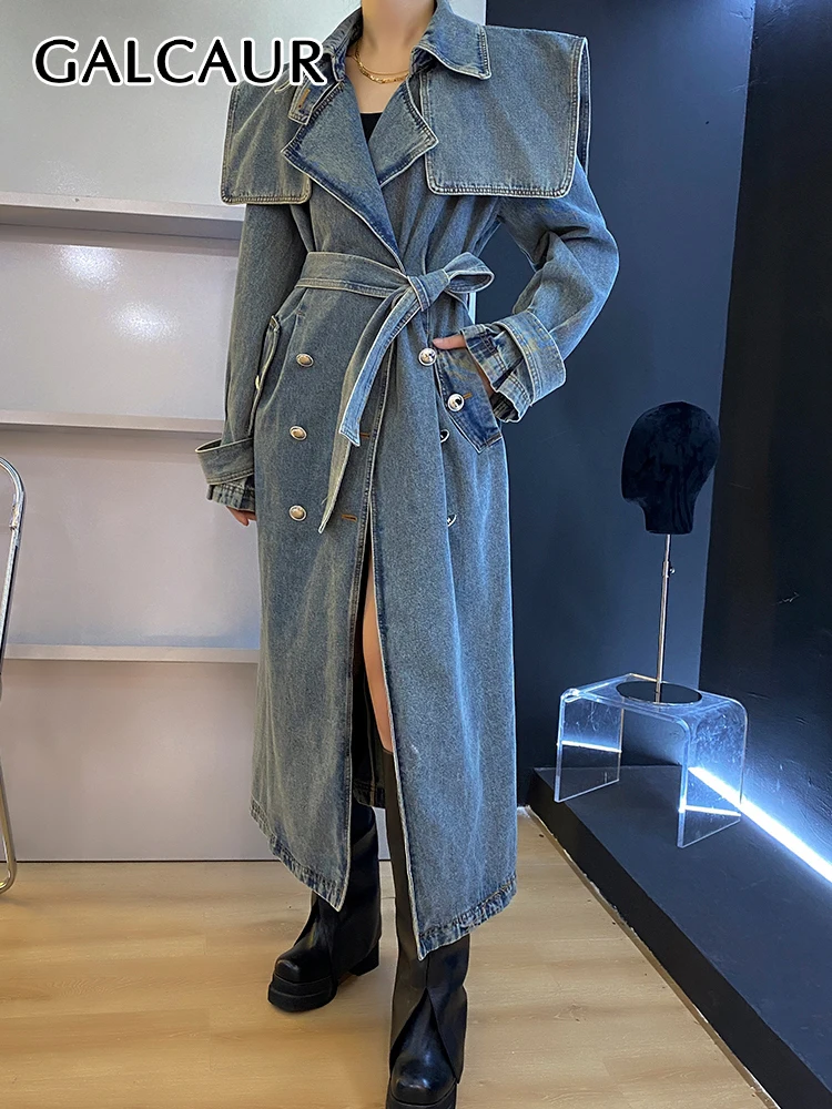 

GALCAUR Minimalist Denim Trenches For Women Lapel Long Sleeve Double Breasted Spliced Lace Up Vintage Fashion Trench Female New