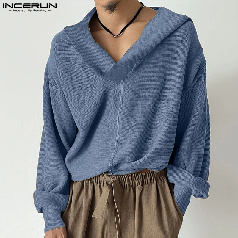 

INCERUN Men Pullovers Solid Color V Neck Long Sleeve Knitted Hooded Casual Sweaters Streetwear Autumn 2024 Fashion Men Clothing