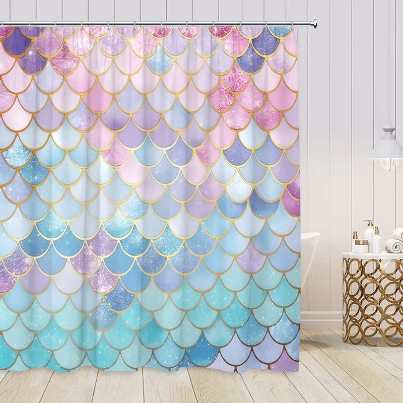 Mermaid Scale Shower Curtain Cartoon Mermaids Kids Bathroom Decoration Sparkling (No Sequin) Polyester Bath Curtain with Hooks