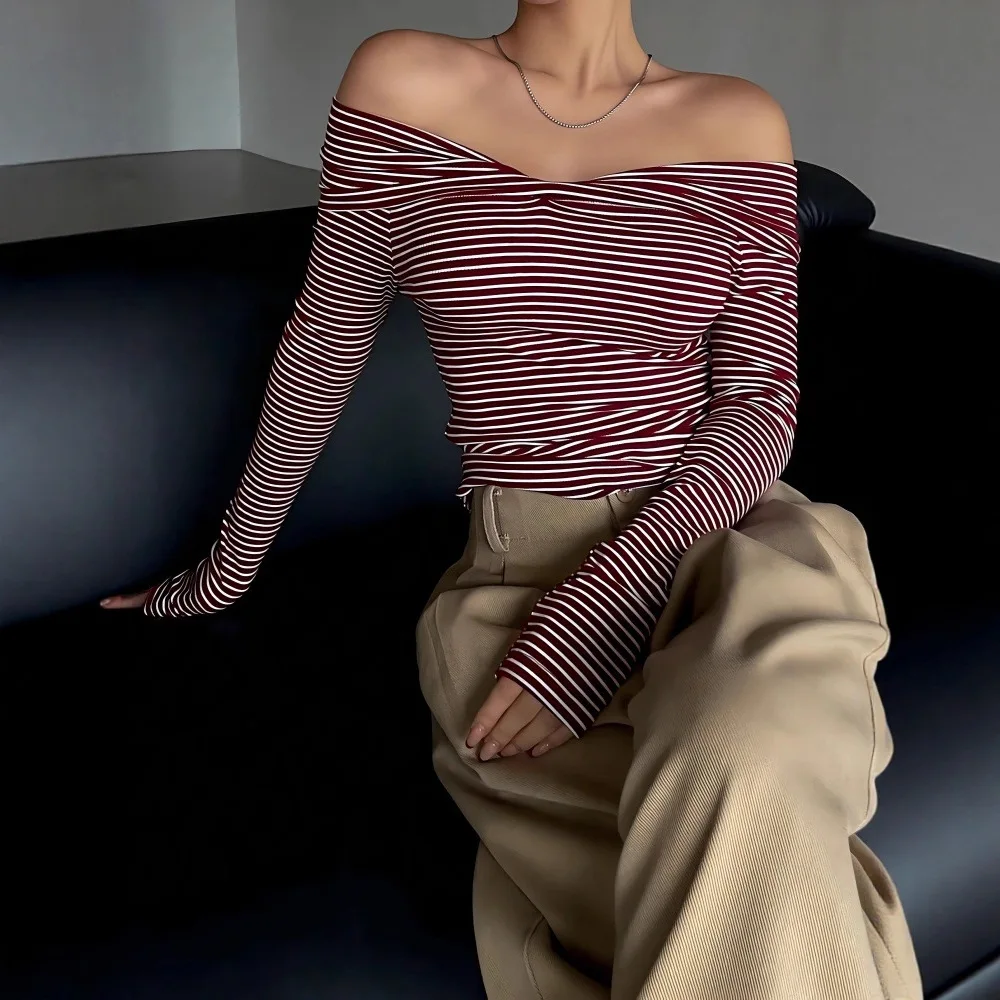 Y2K Boat Neck Off Shoulder T Shirt Korean Sexy One Line Embroidered Striped Backless Comfortable Long Sleeved
