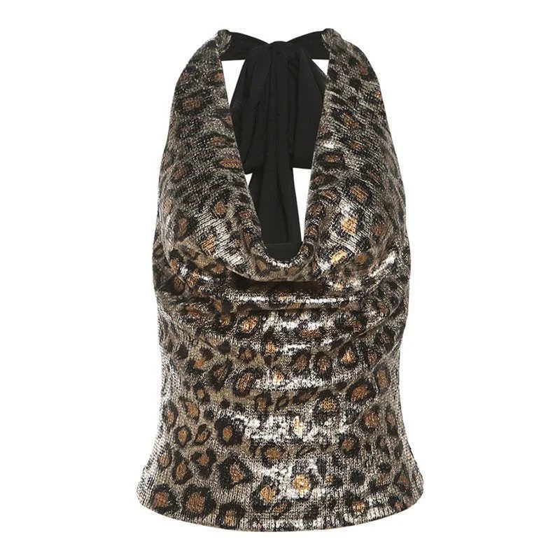 Woti Wei super figure, Dipvi leopard print girl, beautiful back, hollow sexy halterneck wrap hip dress woman