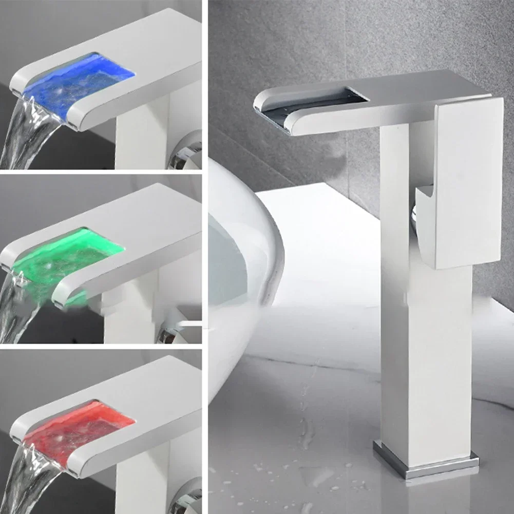 LED Waterfall Faucet Luminous Washbasin Color Change Tap Kitchen Bathroom Faucet With Water Inlet Pipes Cold Hot Mixer Tap