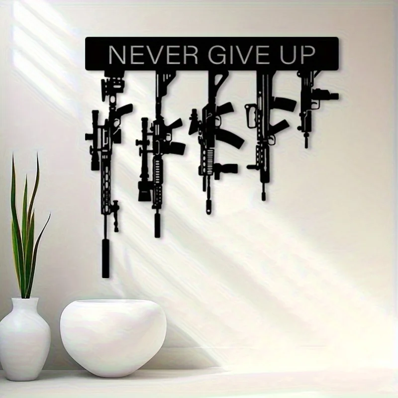 A Military-Style Metal Wall Decoration Featuring a Tactical Shotgun Iron Statue with The Motivational Phrase 'Never Give Up'