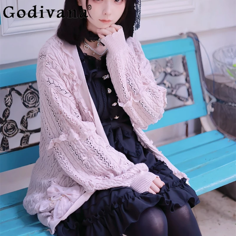 

Liz Knitted Cardigan Autumn Girls Sweet Cute Bow V-Neck Long Knitted Jacket Women's Mine Mass-Produced Loose Slim Sweaters