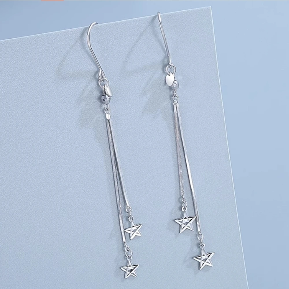 

Real Pure Platinum 950 Dangle Women Lucky Star Snake Chain Tassel Earrings 2.3-2.5g