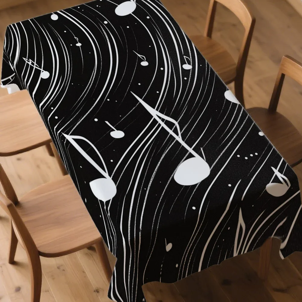 A tablecloth with a floating music score design, which is perfect for enhancing the appearance of an extended dining table.xzj