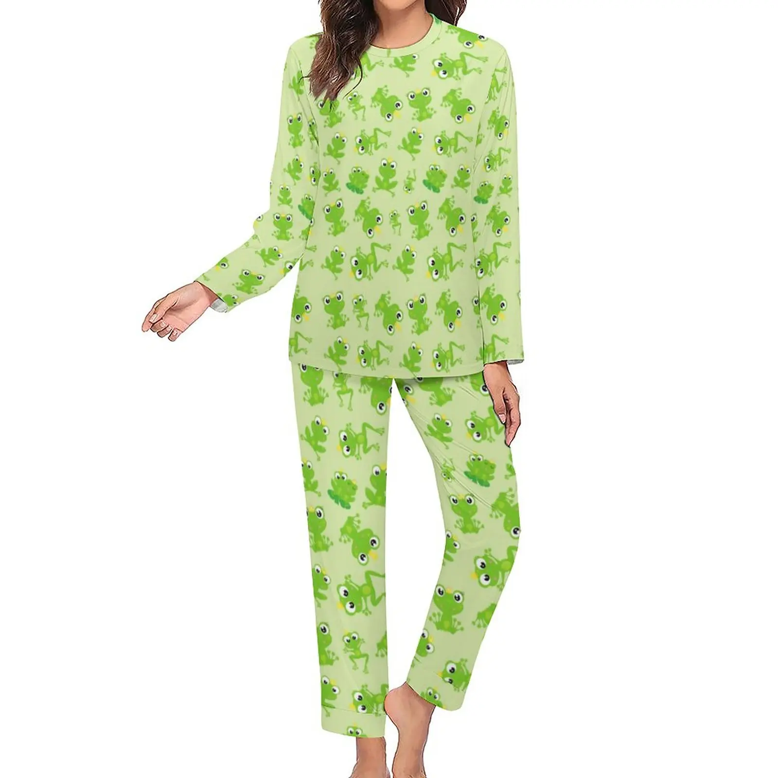 Cute Frog Pajamas Green Animal Print Warm Pajamas Set Lady Long Sleeve Room Nightwear 4XL 5XL 6XL