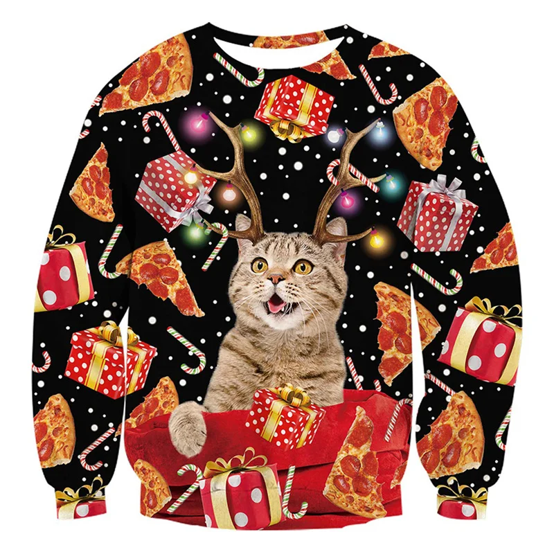 3D Printed Christmas Gift Cat Sweatshirt For Men Beer Pizza Pattern Pullovers Casual Loose O-Neck Long Sleeve Unisex Hoodies
