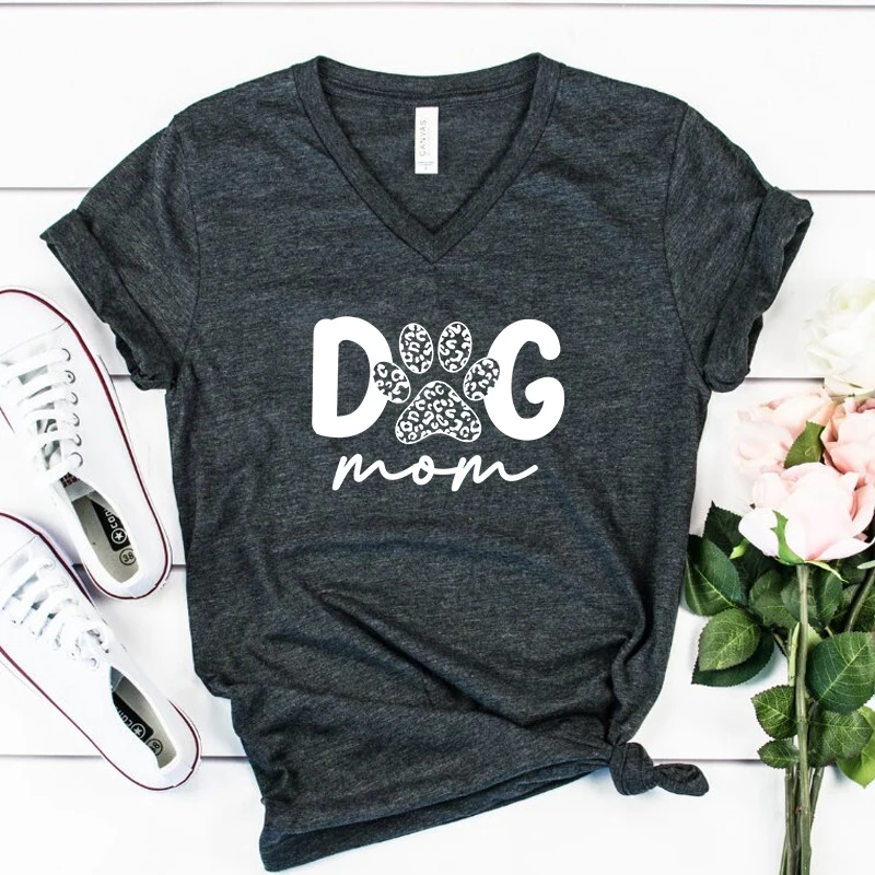 Women Dog Mom T-shirt Cute Dogs Paw Leopard Printed Tee Cartoon Casual Shirt Summer V-neck Short Sleeve Tees Dog Mama Tshirt