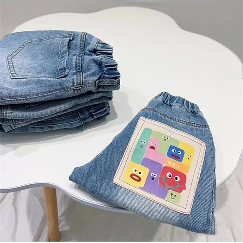 Children\'s Jeans Spring and Autumn Cartoon Boys and Girls Comfortable Soft Cotton Jeans Casual Pants Children\'s Baby Pants