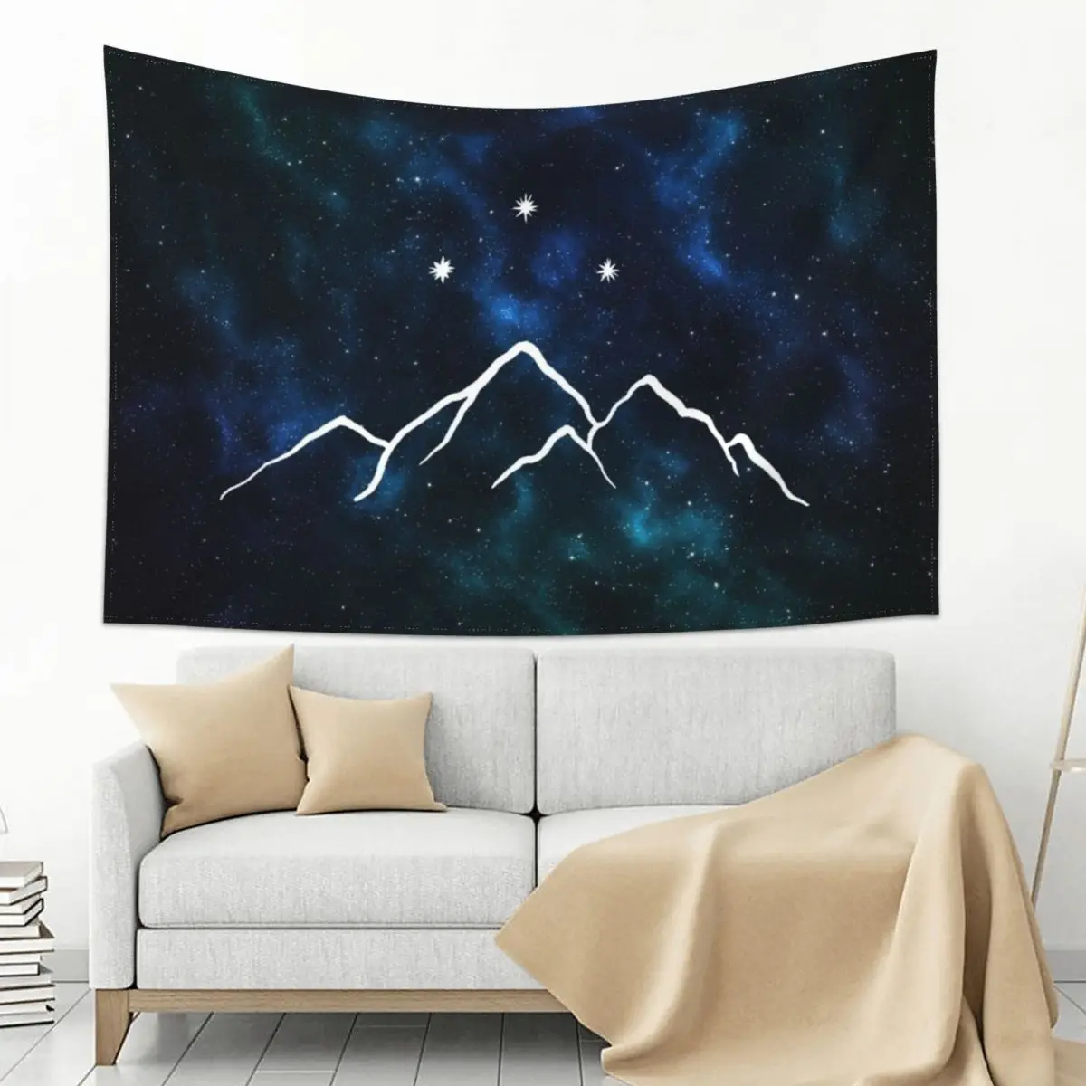 

Night court - mountain and stars drawn on galaxy background Tapestry Home Decorations Room Decor Aesthetic Tapestry