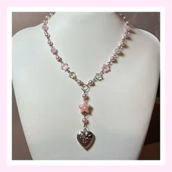 pastel pink star girl rosary locket beaded necklace y2k jewelry funky